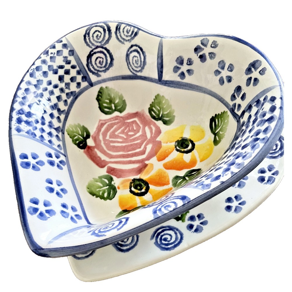 Ancora Italy Hand Painted Ceramic Heart Bowl & Plate Set Floral Rose Folk Art